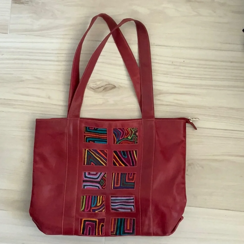 Mola Red Leather Shoulder Bag Tote Purse Handmade From Panama